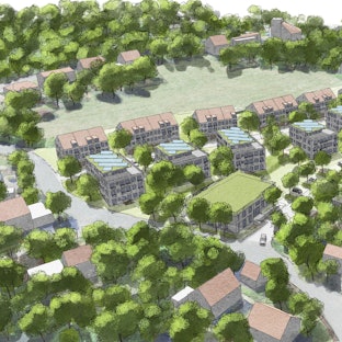 Eine Visualisierung zeigt Wohnhäuser, viele Bäume, eine Wiese und einen Sportplatz.