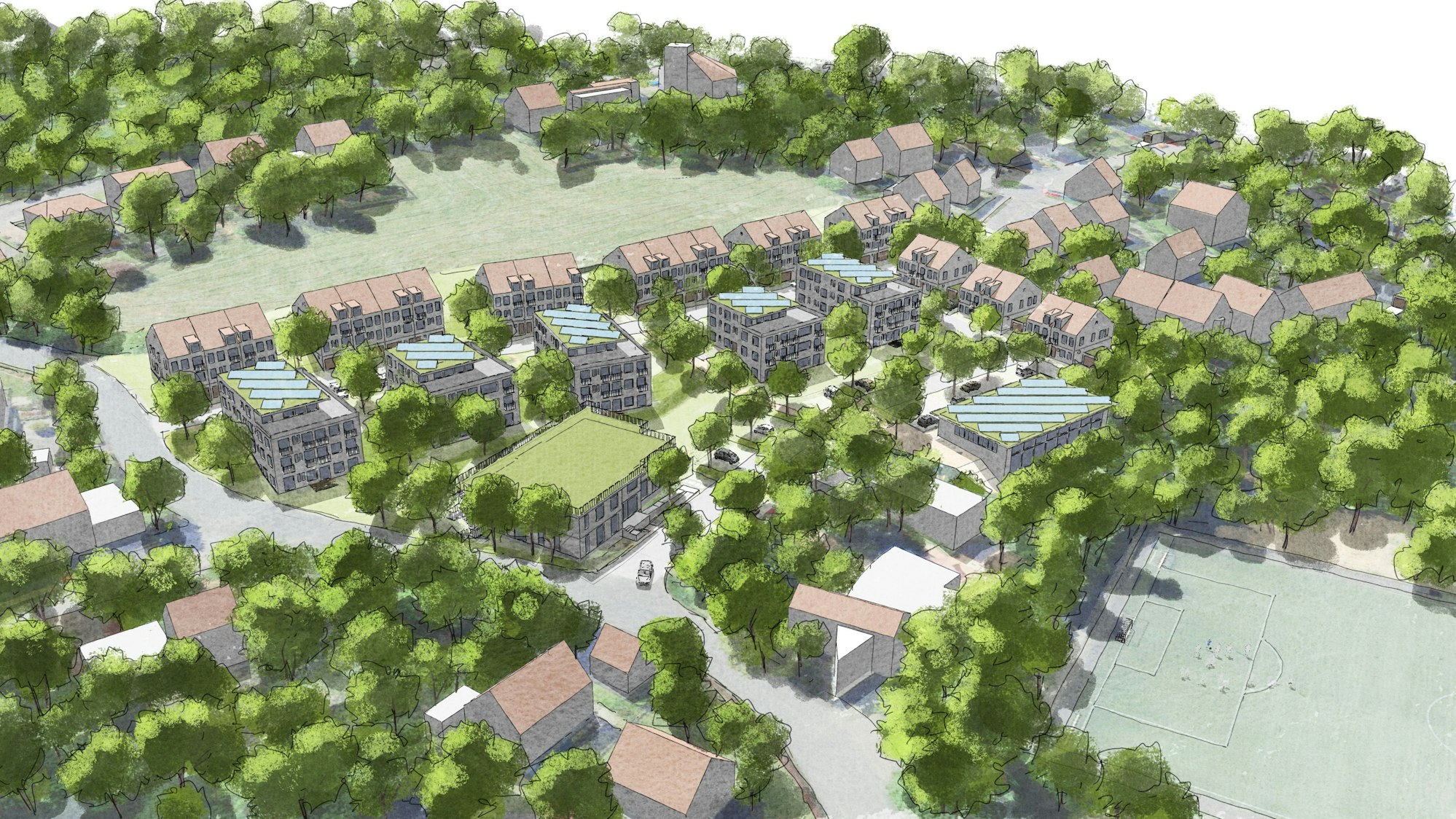 Eine Visualisierung zeigt Wohnhäuser, viele Bäume, eine Wiese und einen Sportplatz.
