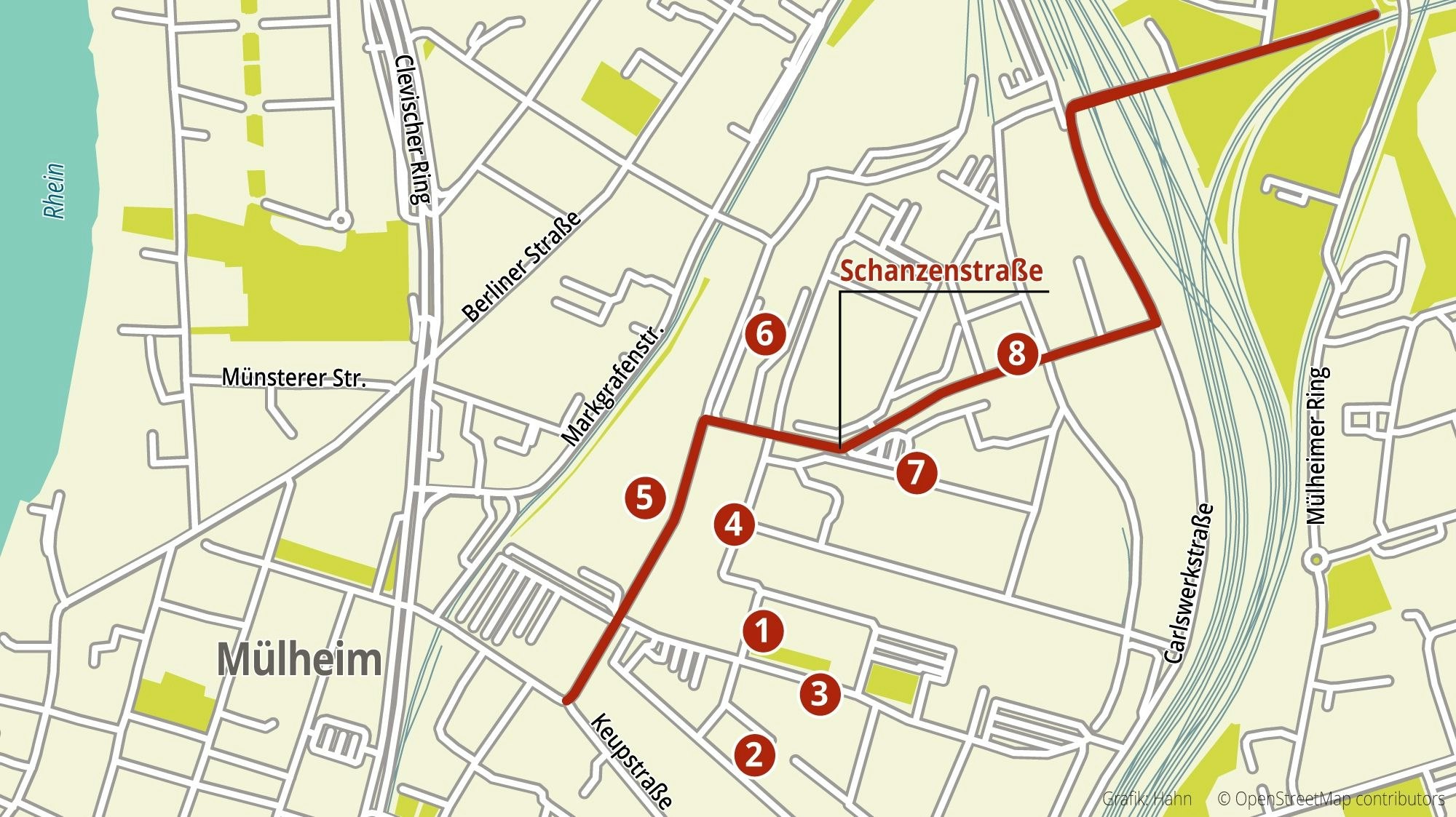 Eine Karte der Schanzenstraße in Köln-Mülheim.