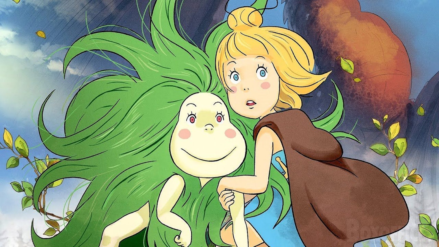 Szene aus dem französischen Film „Princess Dragon“ (2021). Ein blondes Mädchen klammert sich an ein Wesen mit birnenkopf und grünen Haaren, die seinen gesamten Körper bedecken
