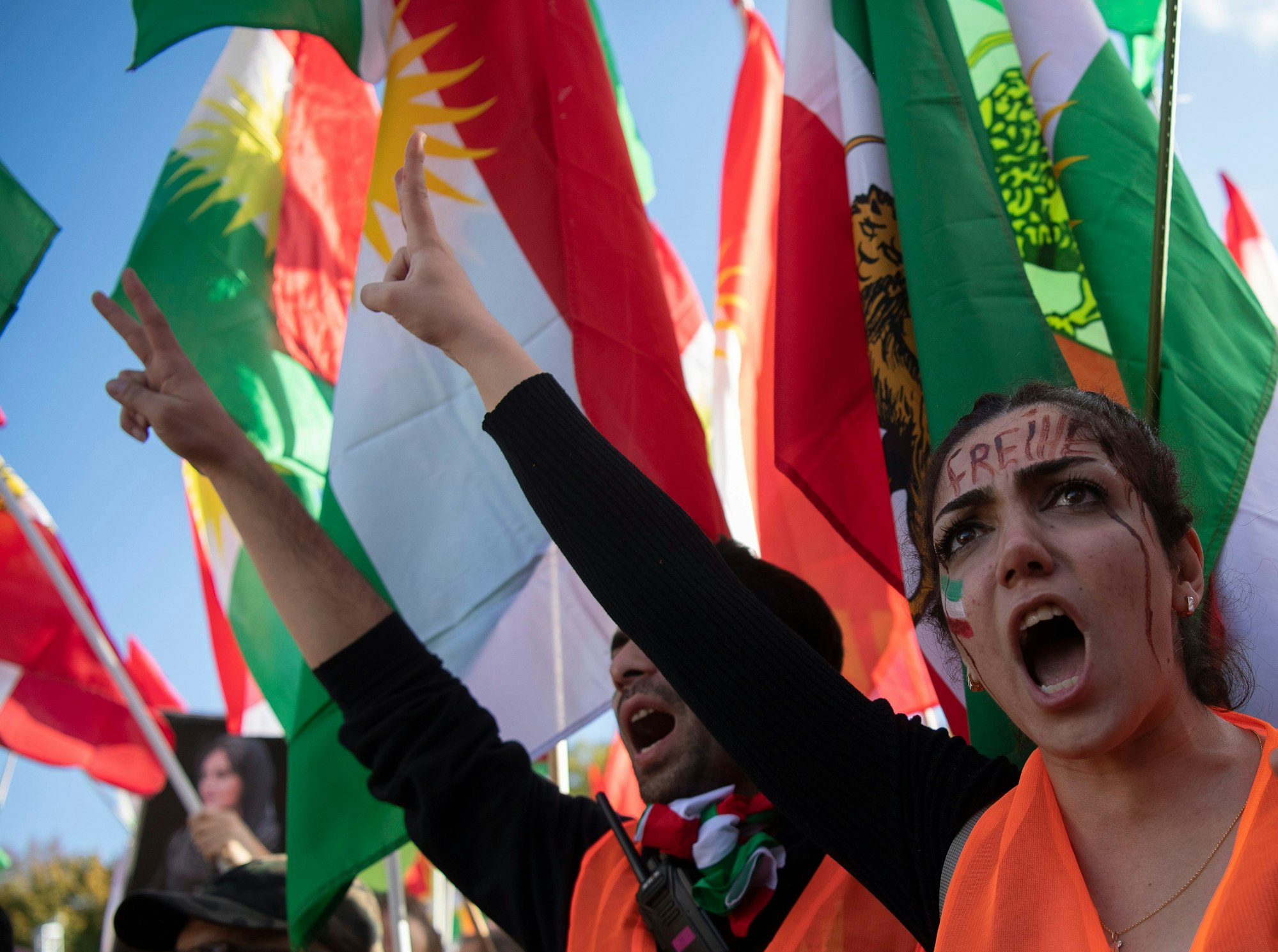 22.10.2022, Berlin: "Freiheit" steht auf der Stirn einer Teilnehmerin der Großdemonstration "Solidarität mit den Protestierenden im Iran".
