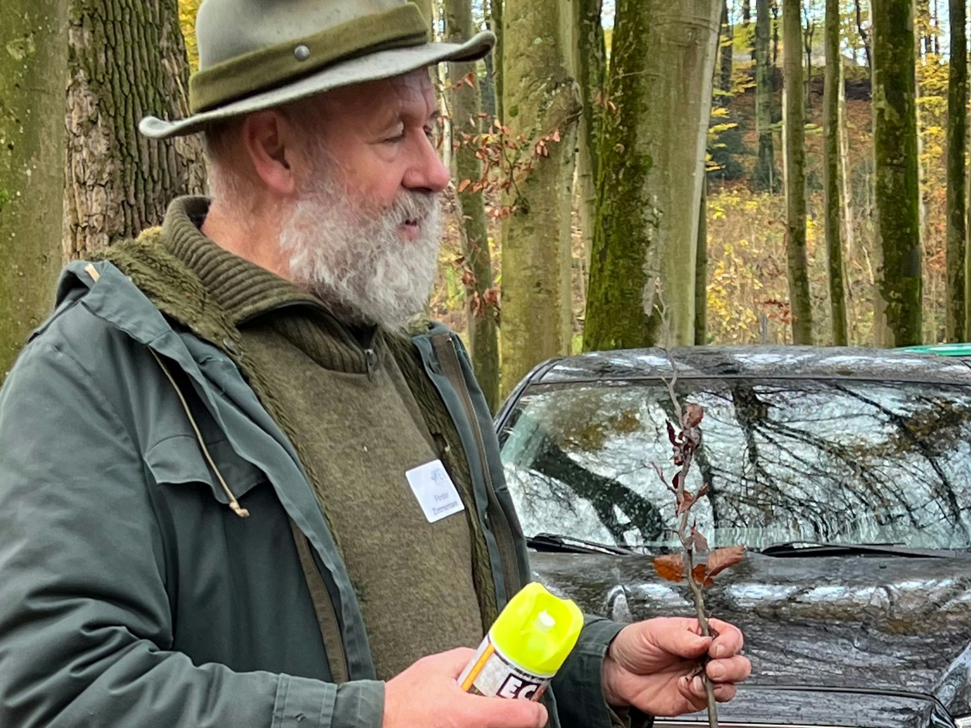 Förster Karl Zimmermann mit einem Buchen-Setzling in der Hand