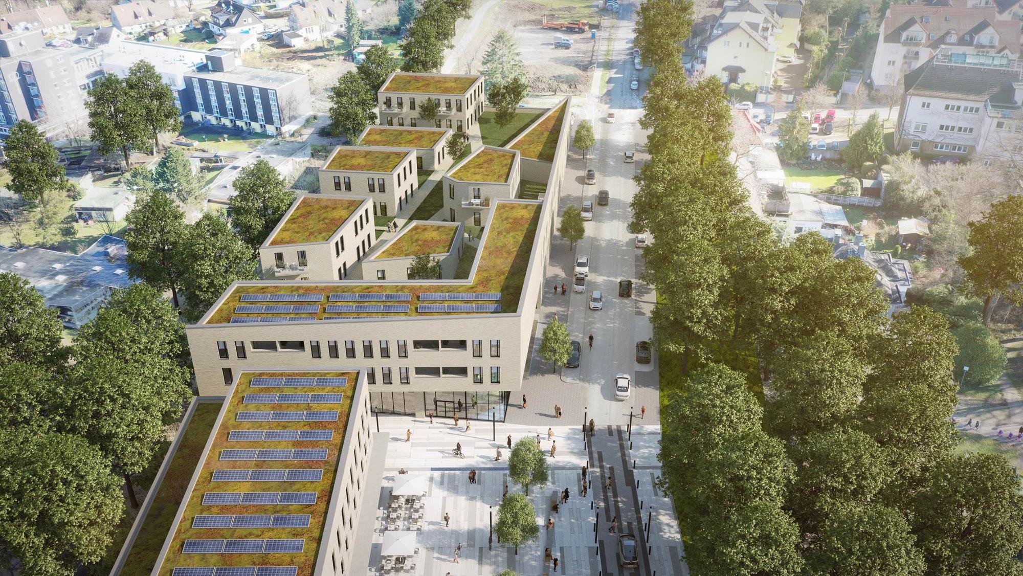 Eine Skizze von Walenta Architekten zeigt den geplanten Geschäfts- und Wohnkomplex an der Montanusstraße in Burscheid