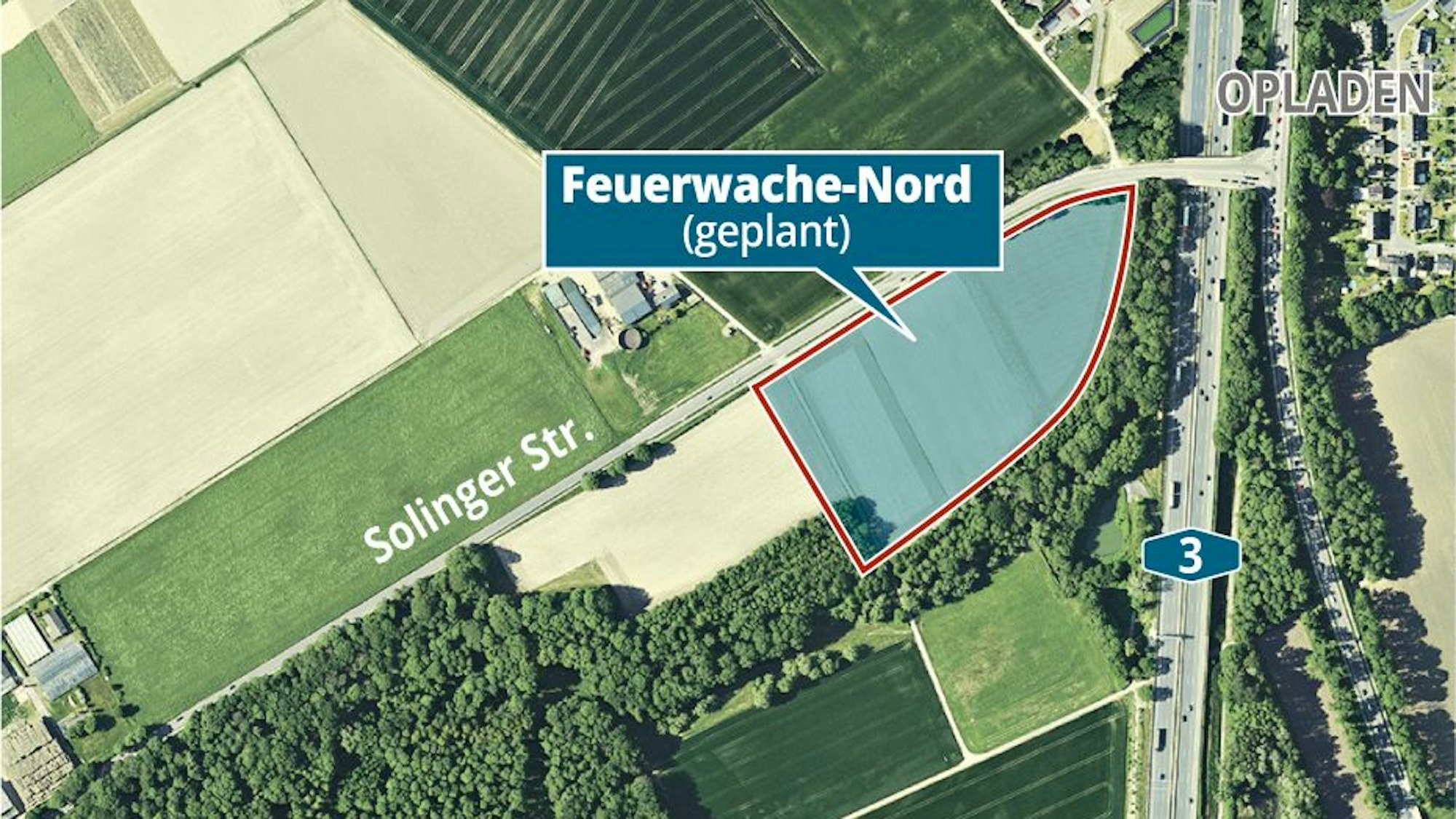 Luftbild mit Bauernhof des Landschaftsschutzgebiets Auf den Heunen und Hauweg, eine große blau markierte Fläche