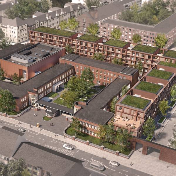 Die Visualisierung zeigt, wie ein Teil des umgebauten Clouth-Quartiers mal aussehen soll. Es handelt sich um mehrere Häuser.