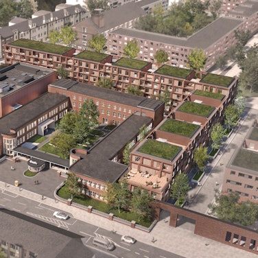 Die Visualisierung zeigt, wie ein Teil des umgebauten Clouth-Quartiers mal aussehen soll. Es handelt sich um mehrere Häuser.