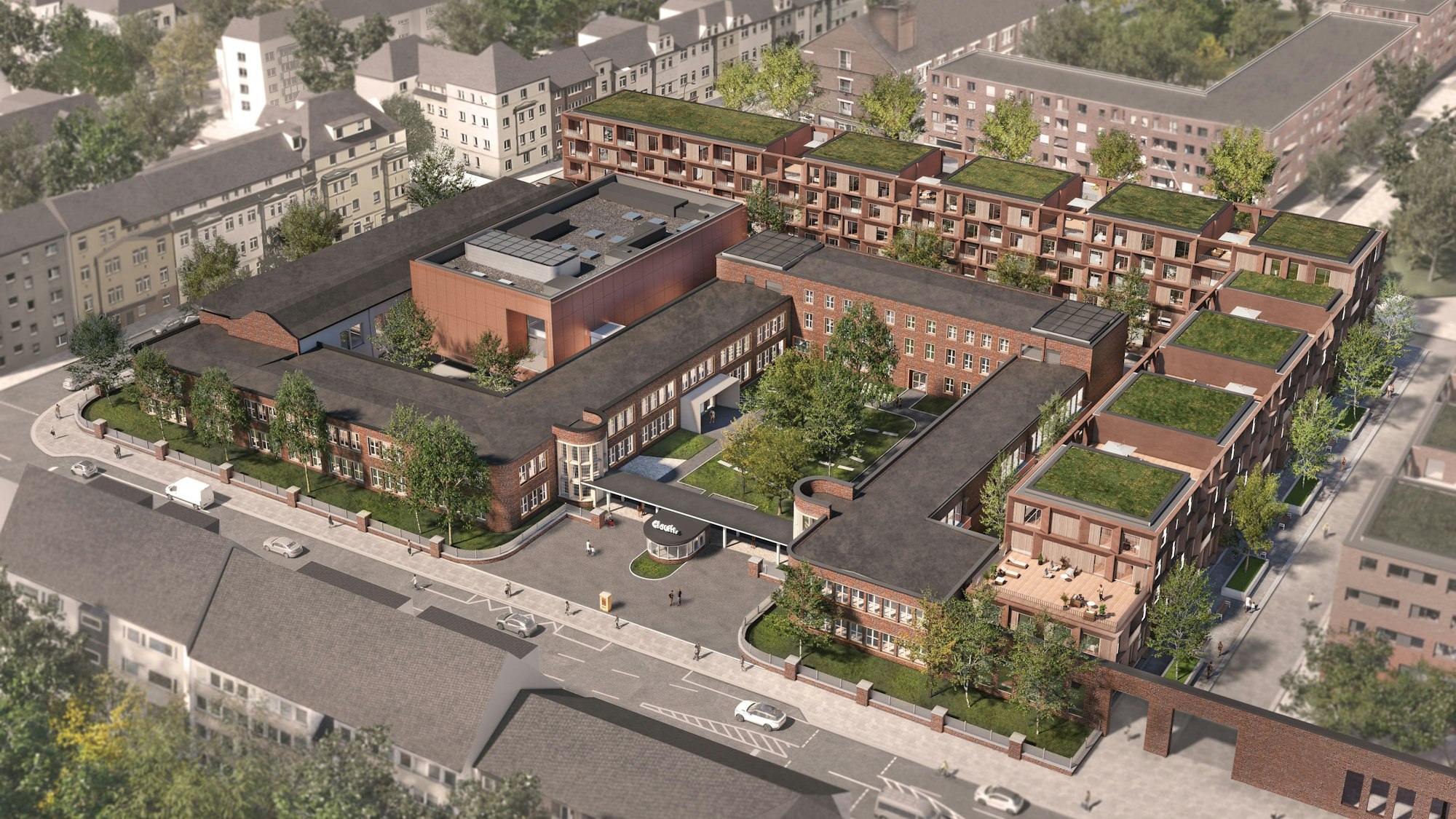 Die Visualisierung zeigt, wie ein Teil des umgebauten Clouth-Quartiers mal aussehen soll. Es handelt sich um mehrere Häuser.