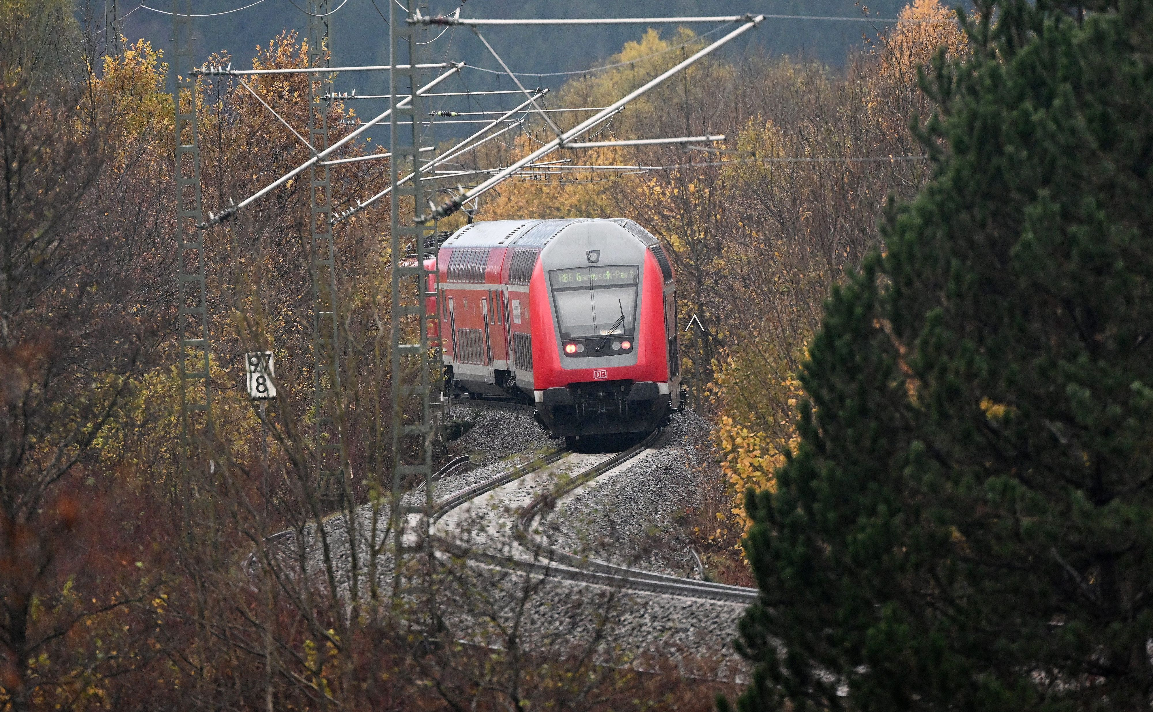 Ein Regionalzug der Deutschen Bahn fährt durch ein Waldstück.