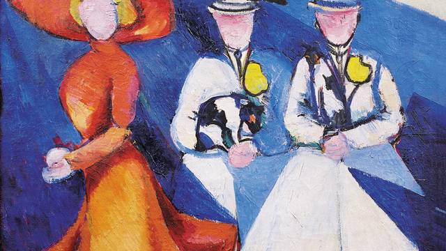 Drei Frauen mit Hüten, aber ohne Gesichter gehen auf Alexandra Exters Gemälde Drei weibliche Figuren spazieren