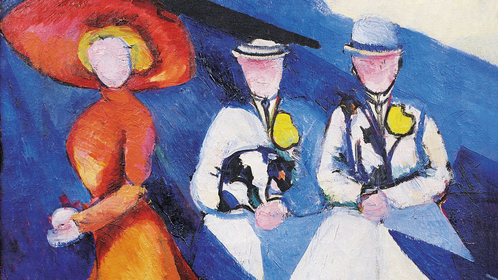Drei Frauen mit Hüten, aber ohne Gesichter gehen auf Alexandra Exters Gemälde Drei weibliche Figuren spazieren