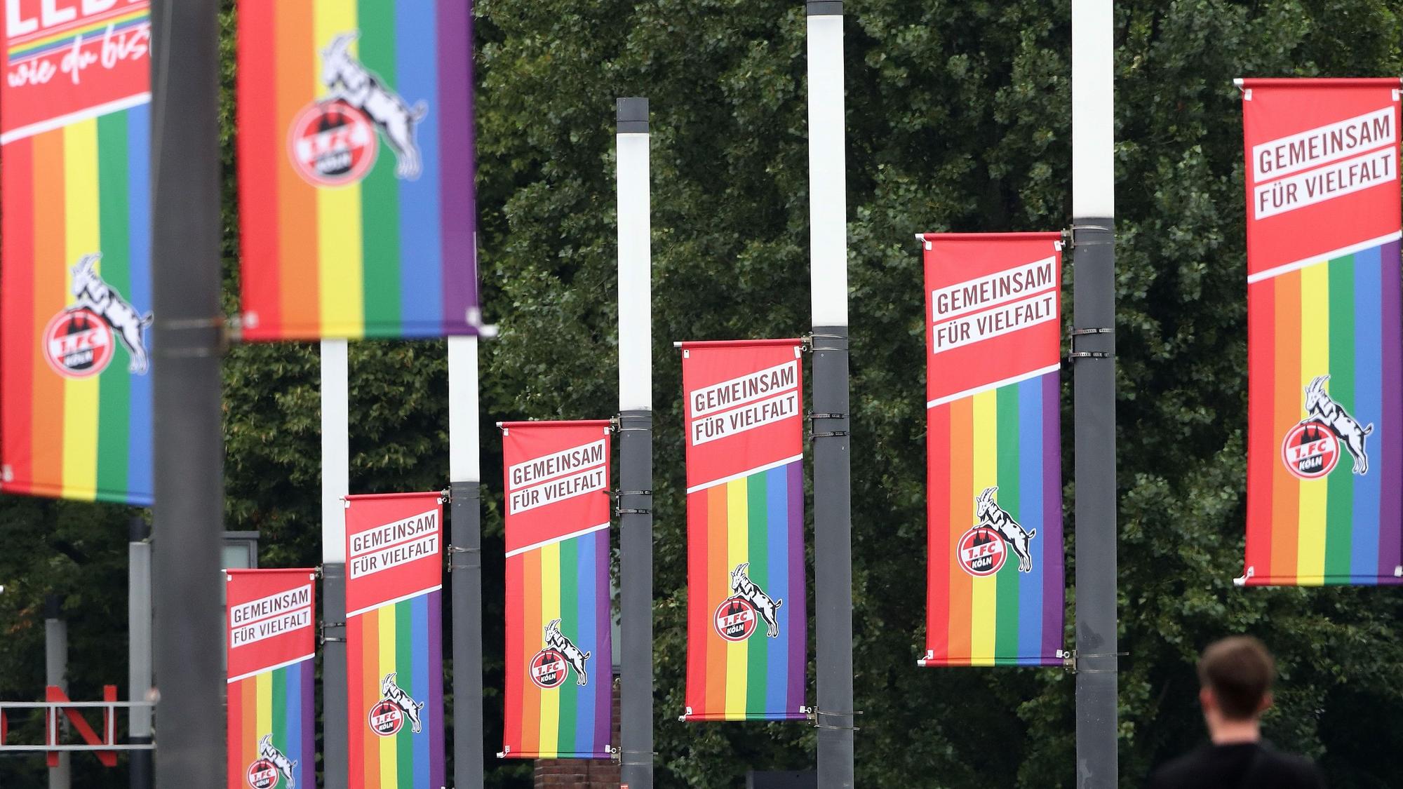 Beflaggung auf dem Oskar-Rehfeldt-Weg (Stadion Vorwiesen): Regenbogenfahne mit Geißbock drauf. Bild: Herbert Bucco