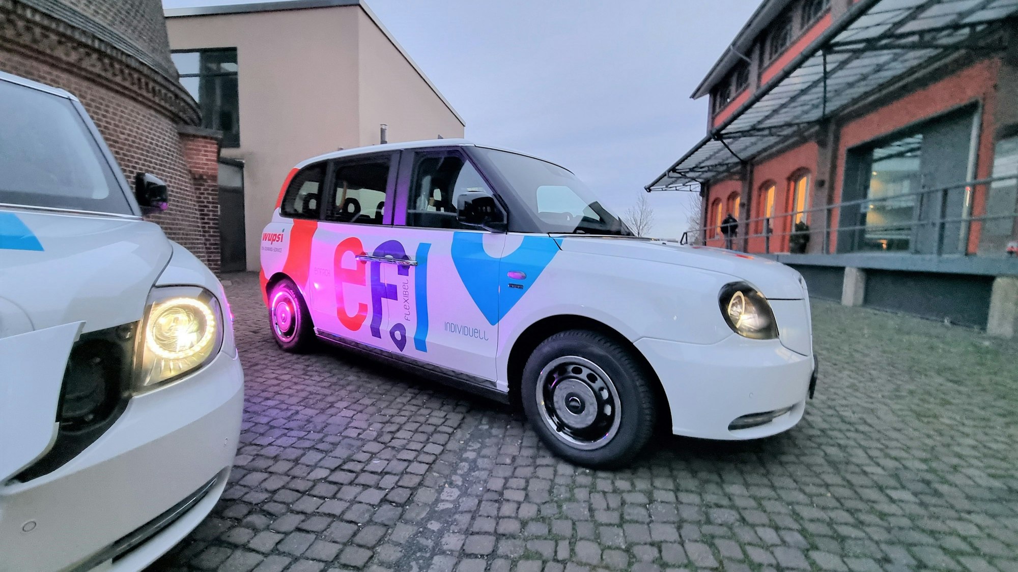 Ein weißes Efi-Fahrzeug steht auf einem gepflasterten Weg.