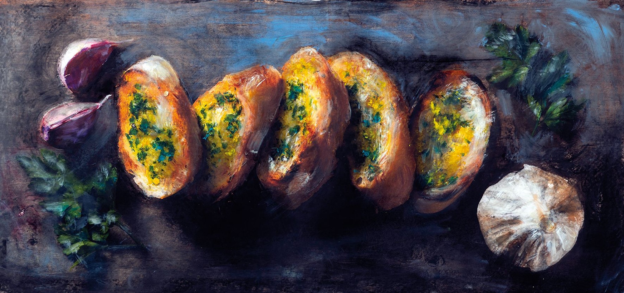 Baguette mit Kräuterbutter, gemalt von Detlef Kellermann, entnommen dem prachtvollen Kochbuch "Satt Zwei", das er mit Werner Köhler herausgegeben hat.