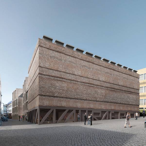 Ansicht der geplanten Altstadtmitte mit einem braunen Museumsgebäude im Zentrum.