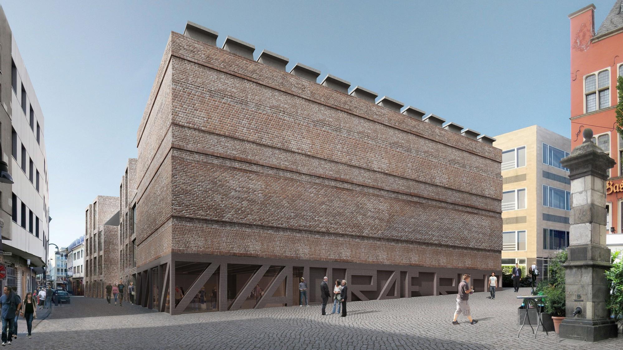 Ansicht der geplanten Altstadtmitte mit einem braunen Museumsgebäude im Zentrum.
