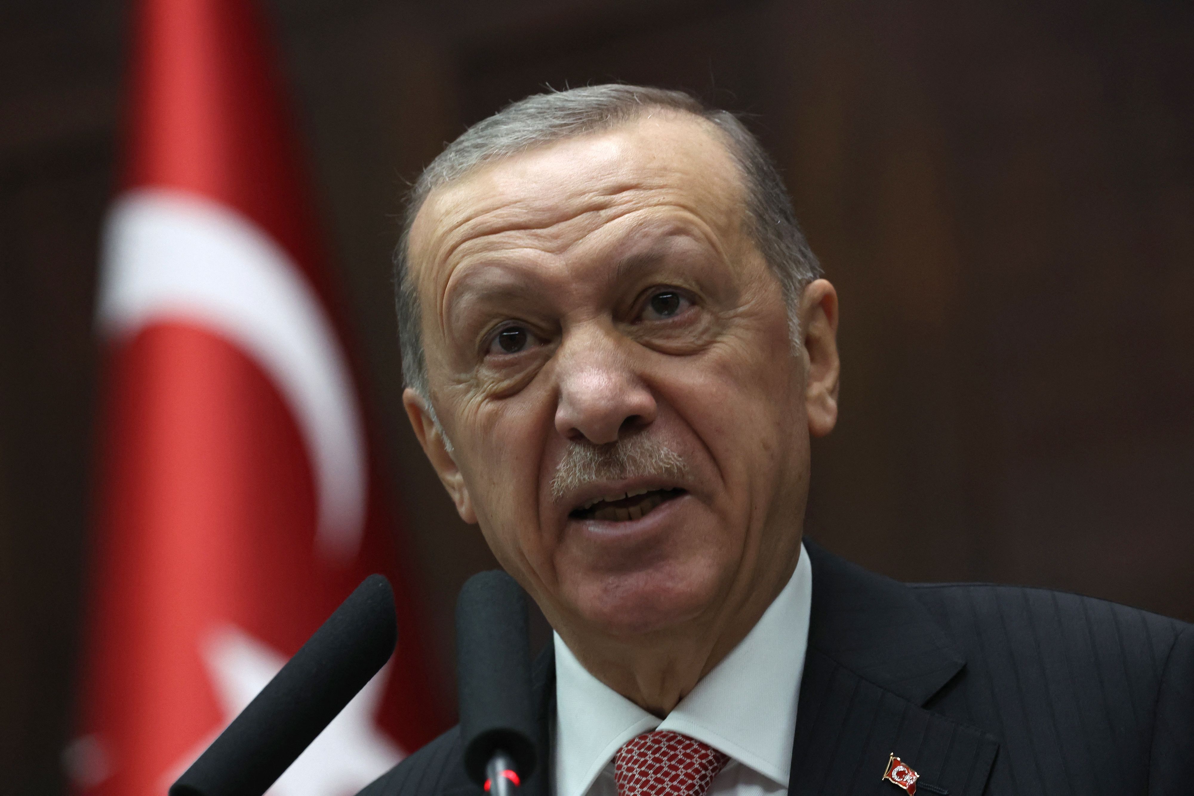 Der türkische Präsident Erdogan spricht in ein Mikrofon. Im Hintergrund ist die türkische Flagge.