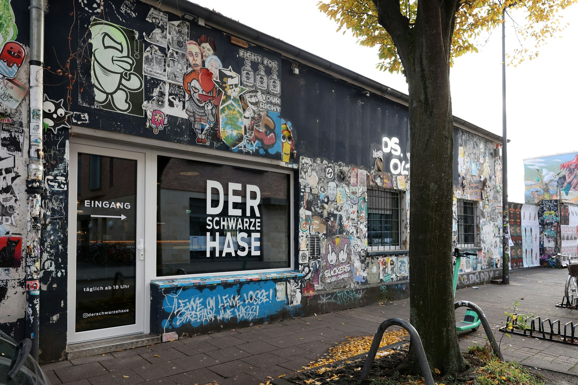 Außenansicht der Bar „Der Schwarze Hase“. An den Wänden sind Graffiti und Aufkleber zu sehen.