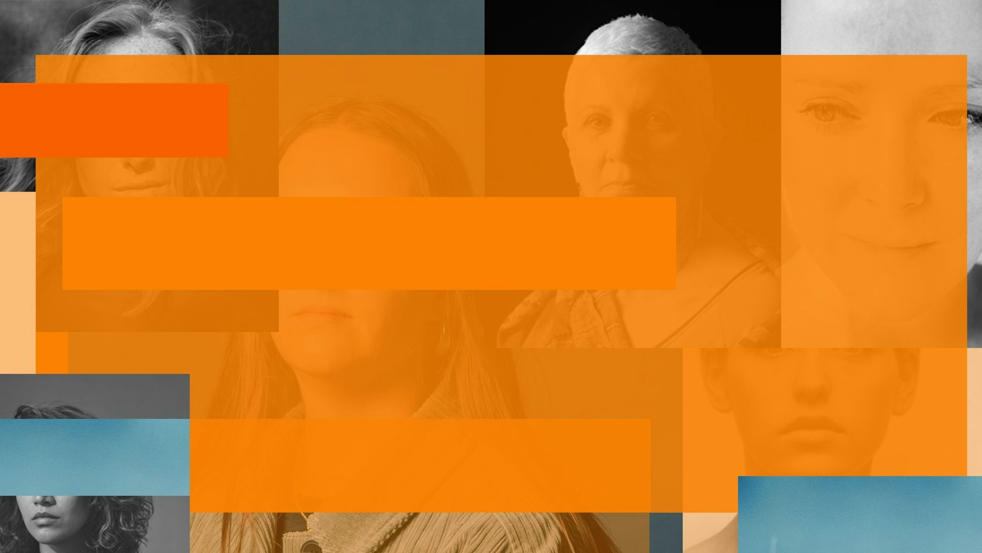 Das Bild zeigt eine Montage aus dem Logo zum „Orange Day“, dem Internationalen Tag gegen Gewalt an Frauen. Im Hintergrund sind diverse Frauenporträts zu sehen.