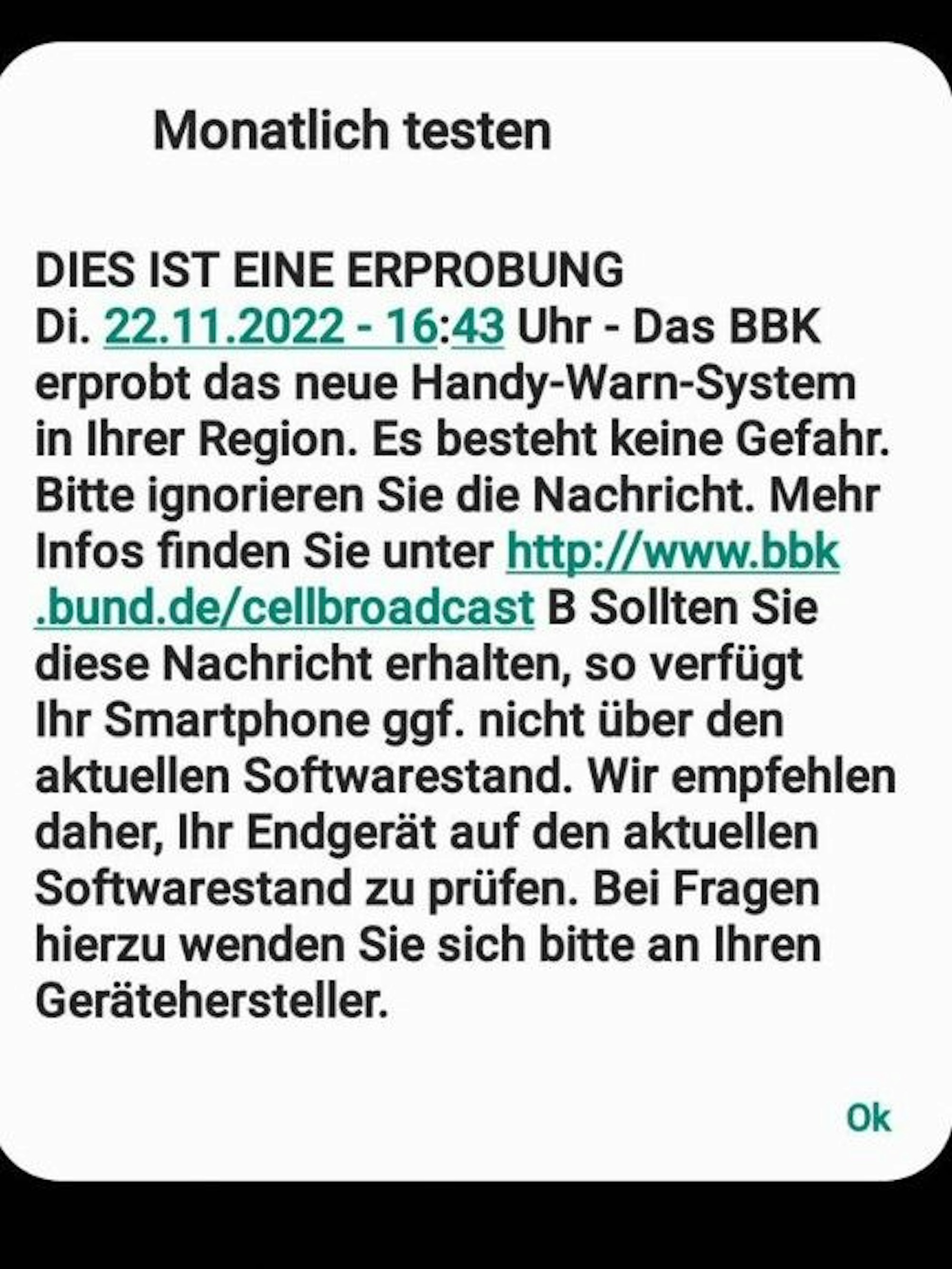 Ein Screenshot einer Testmeldung des BBK.