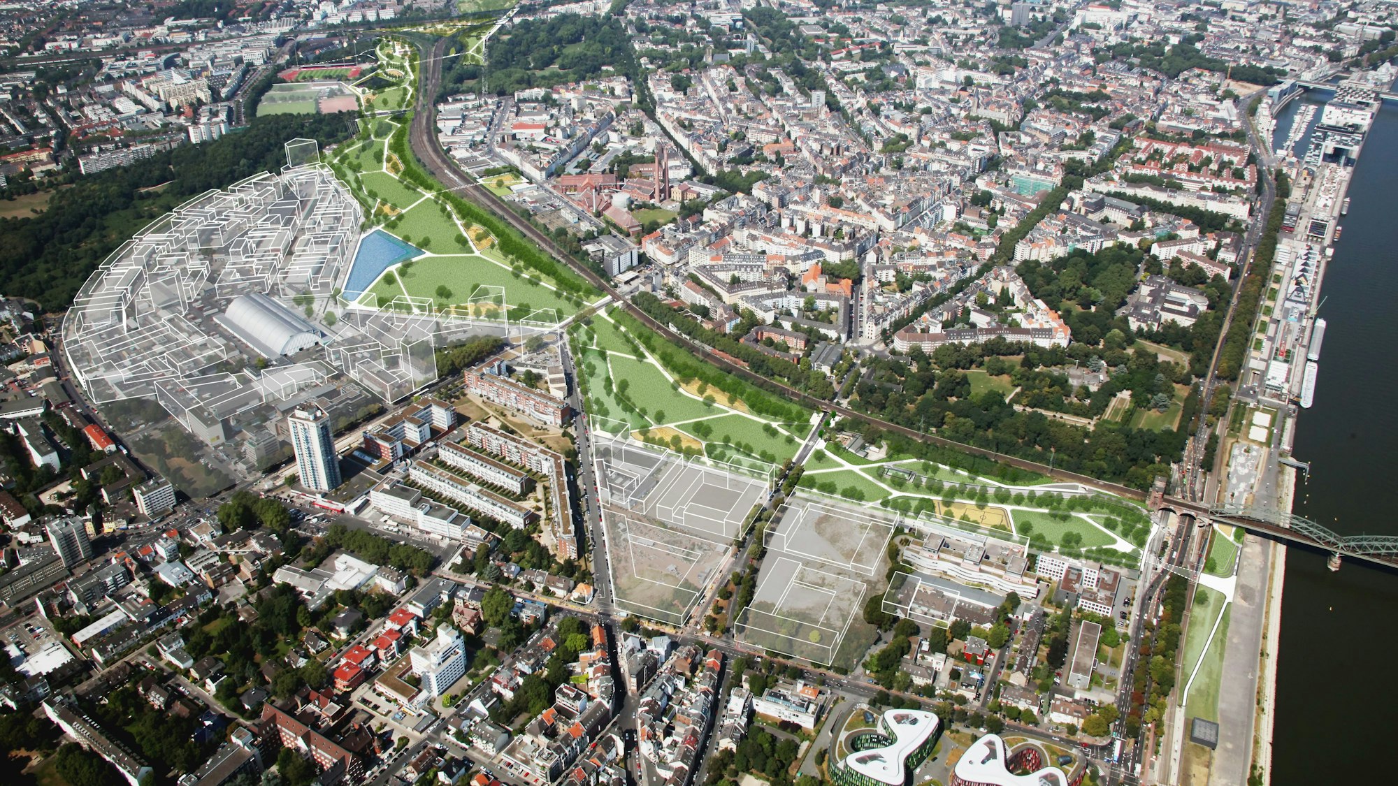 Eine Luftaufnahme von einem Neubaugebiet mit modellierten Gebäuden.