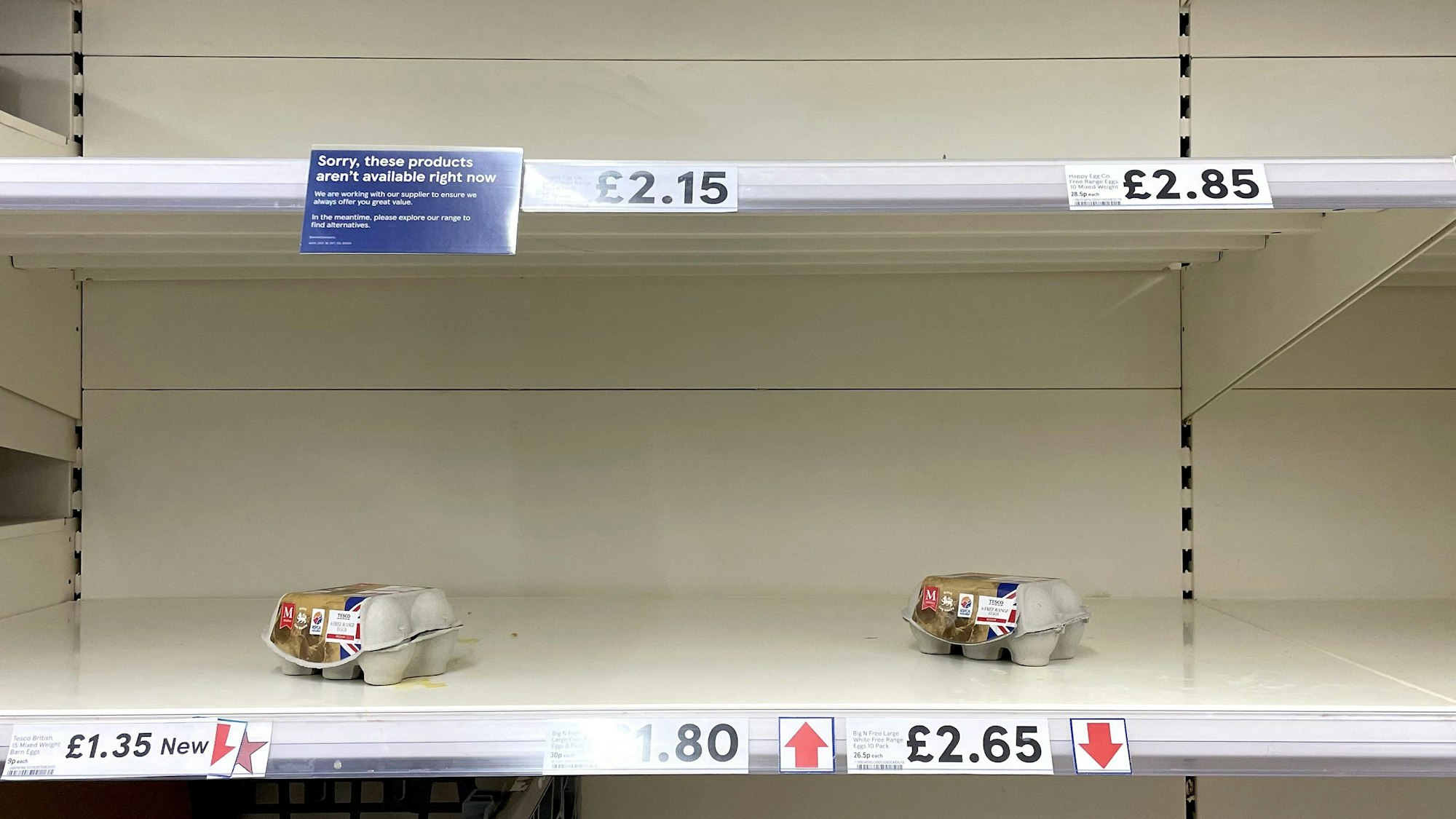 Leere Eierregale in einer Tesco-Filiale in Großbritannien