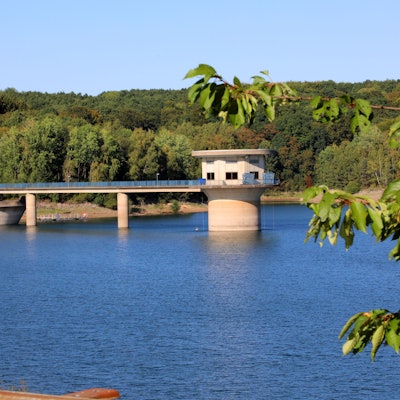 Ein Blick auf die Dhünntalsperre mit der Dhünn im Vordergrund und dem Wald im Hintergrund.