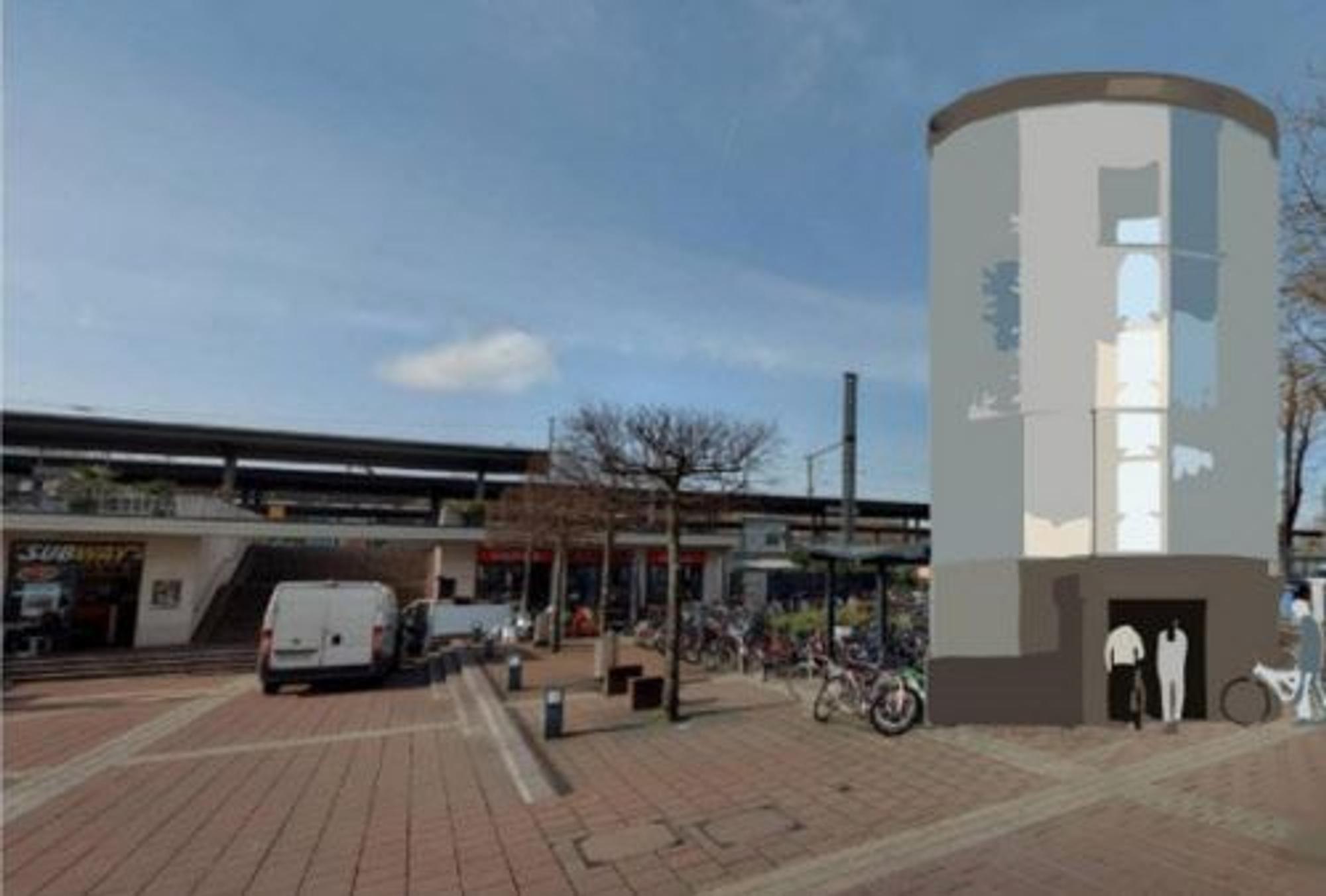 Ein Turm als Fahrradparkplatz am Bahnhof Siegburg ist auf dieser Visualisierung zu sehen.