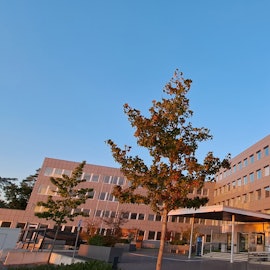 Das Kreishaus des Rheinisch-Bergischen Kreises im Sonnenuntergang.