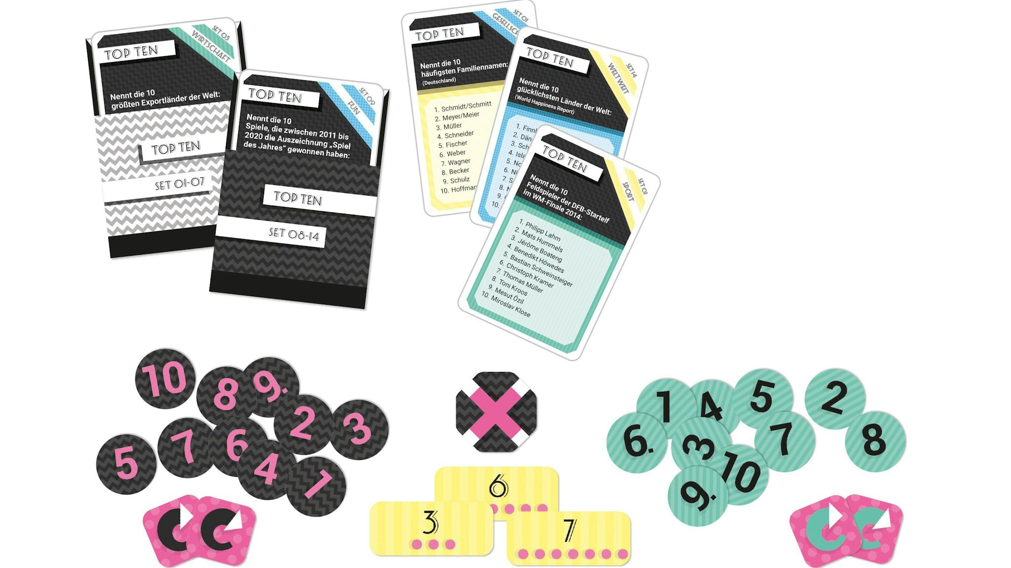 Spielkarten und Spielchips des Spiels „Top Ten Quiz"
