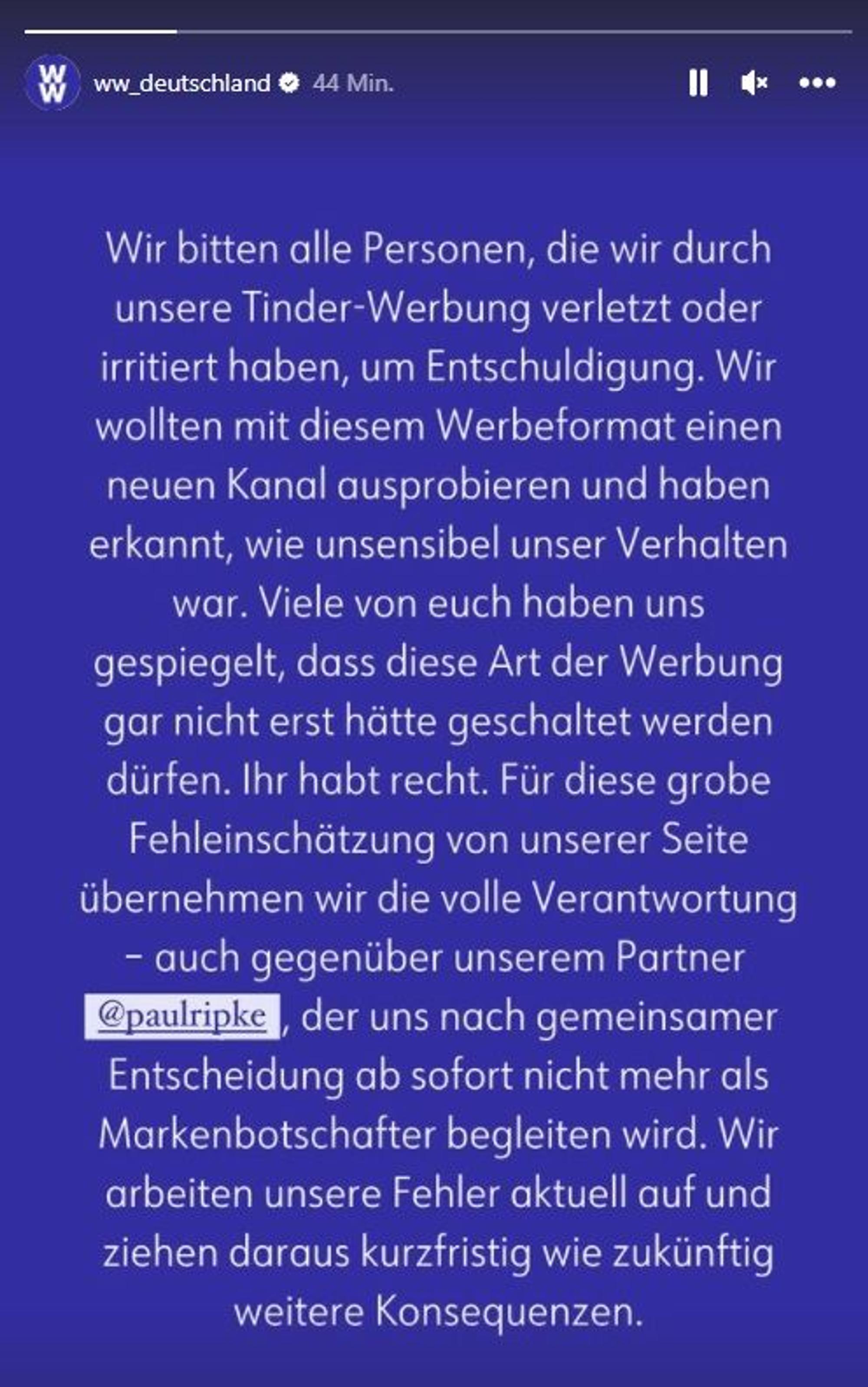 Die Instagram-Erklärung von Weight Watchers zur Aktion mit Paul Ripke auf Tinder