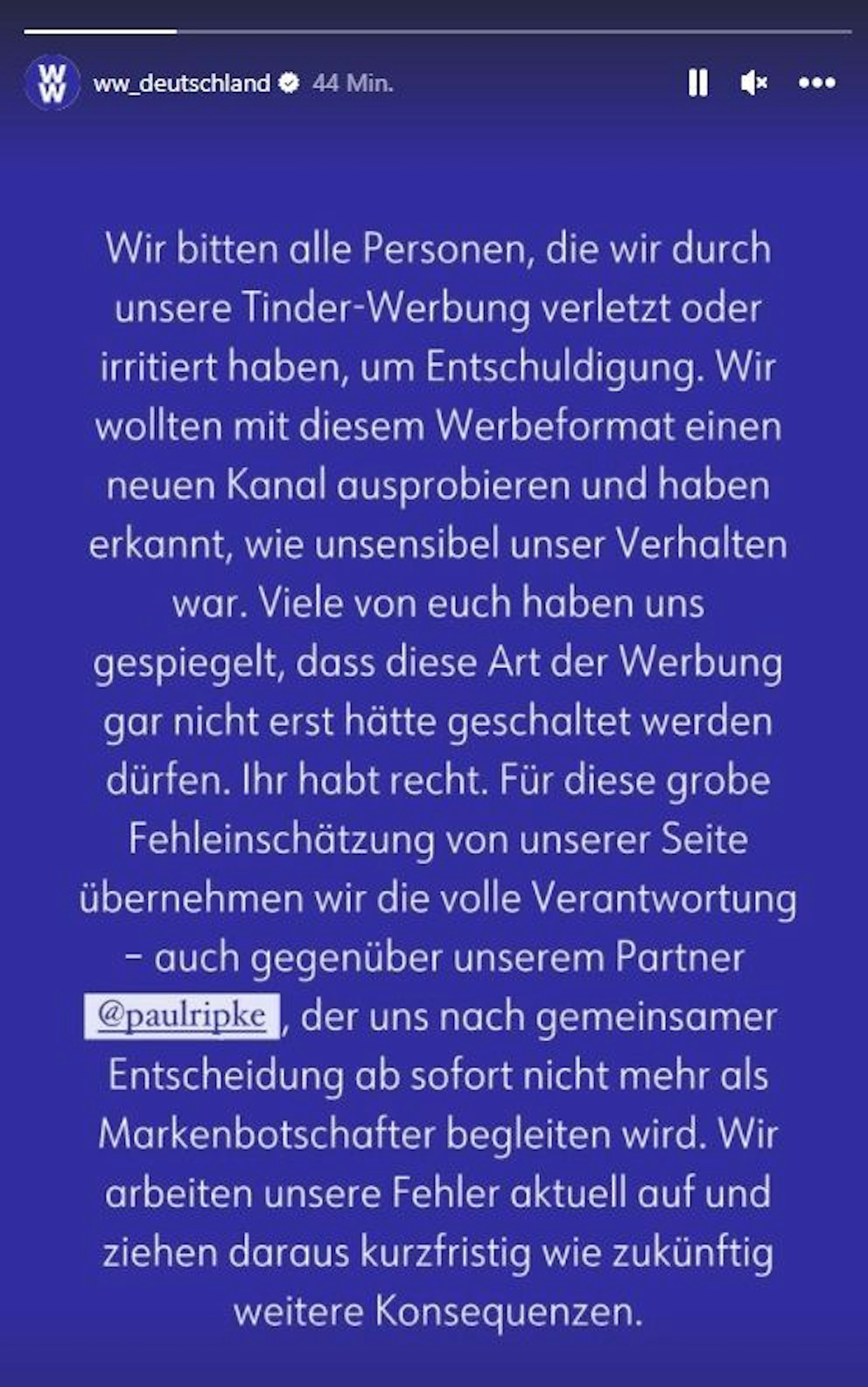 Die Instagram-Erklärung von Weight Watchers zur Aktion mit Paul Ripke auf Tinder