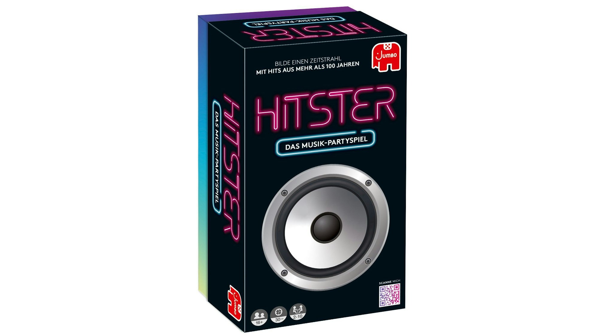 schwarze Spielverpackung von „Hitster“, die aussieht wie ein Lautsprecher