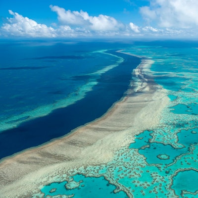 Die Luftaufnahme zeigt die weite Küste Australiens und das Great Barrier Reef, das größte Korallenriff der Welt, viele Korallen sind als Folge des Klimawandels verblichen.