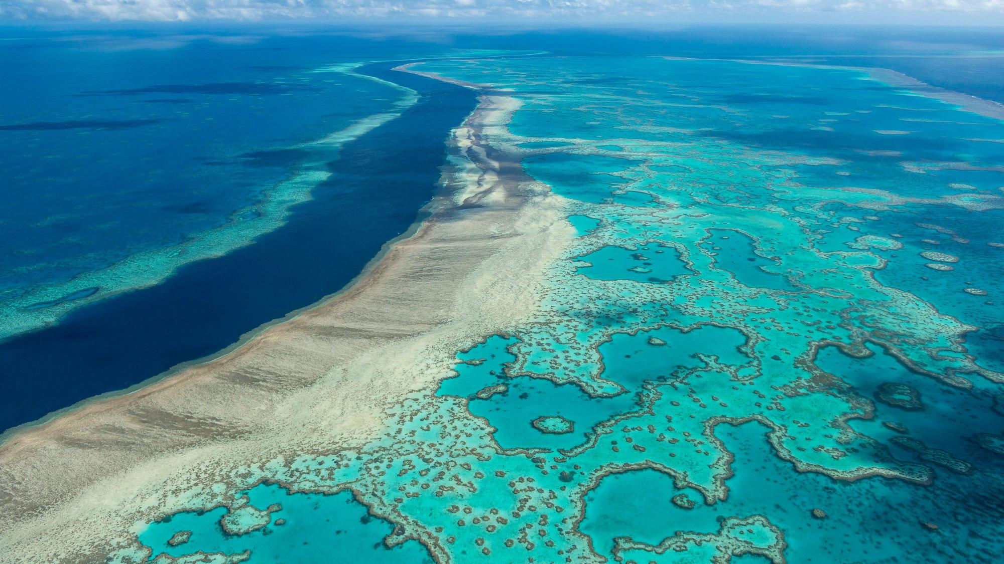 Die Luftaufnahme zeigt die weite Küste Australiens und das Great Barrier Reef, das größte Korallenriff der Welt, viele Korallen sind als Folge des Klimawandels verblichen.