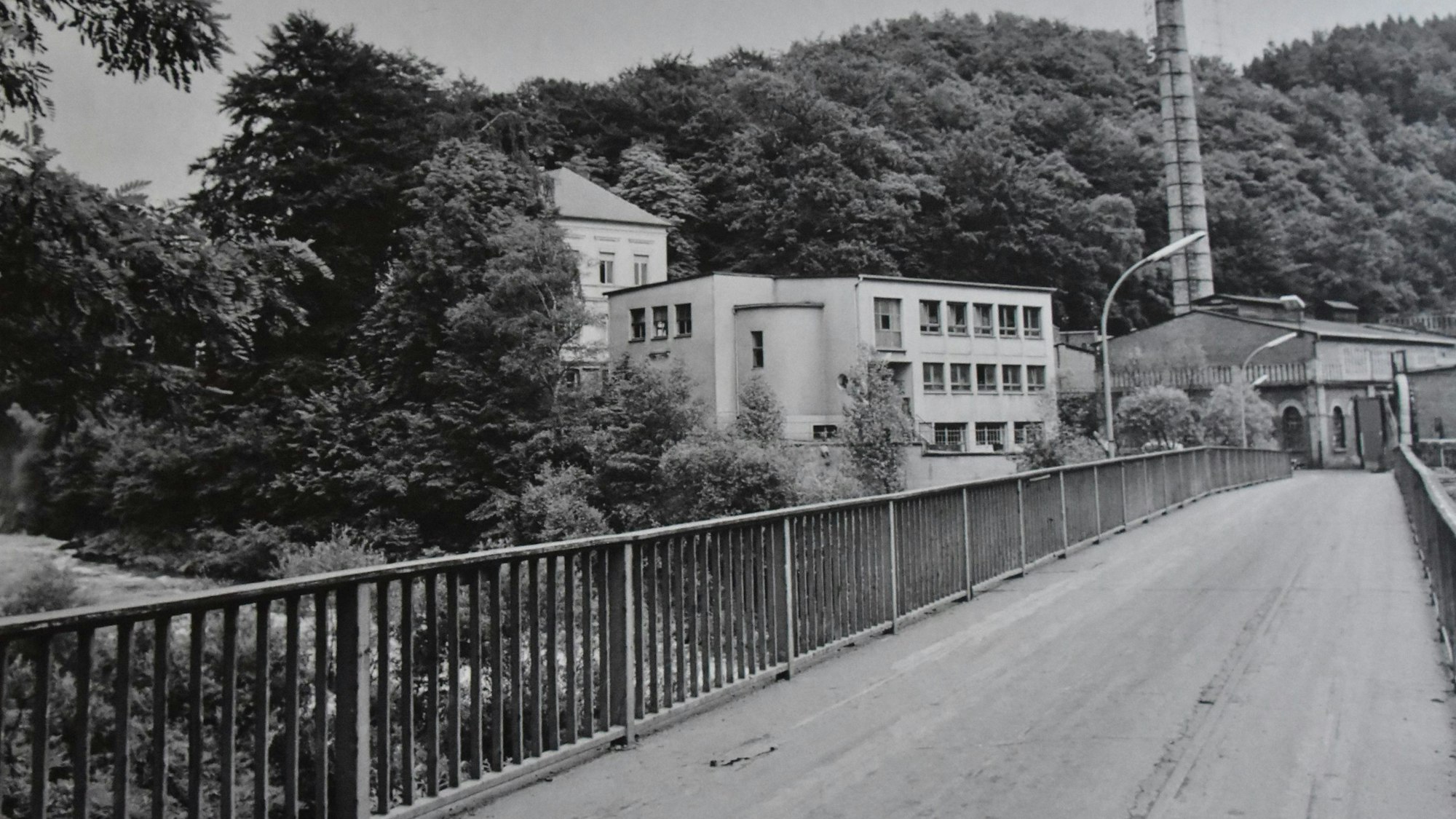 Ein Bild in schwarzweiß zeigt eine Brücke und mehrere Gebäude.