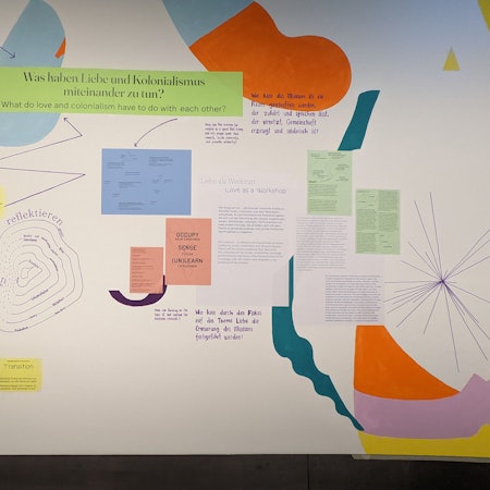 Eine Wand mit Plakaten, Zeichnungen und Sprüchen in der Ausstellung des Kölner Rautenstrauch-Joest-Museums