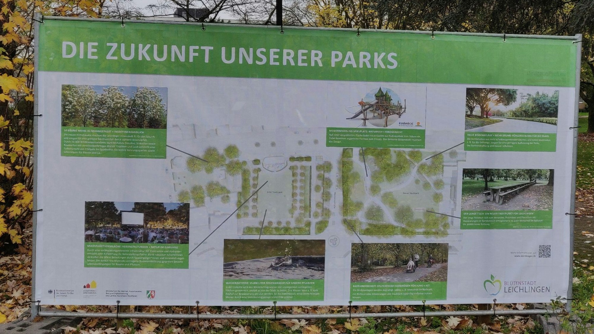 Ein großes Transparent mit Fotos, Planskizzen und Erläuterungen zur Umgestaltung steht an der Baustelle im Leichlinger Stadtpark.