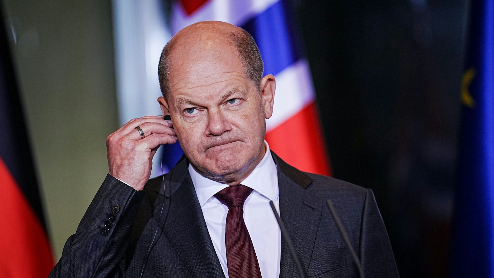 Bundeskanzler Olaf Scholz (SPD) nach einem Gespräch mit dem norwegischen Ministerpräsidenten.