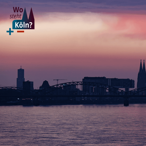 Das Bild zeigt den Sonnenuntergang über der Skyline von Köln.