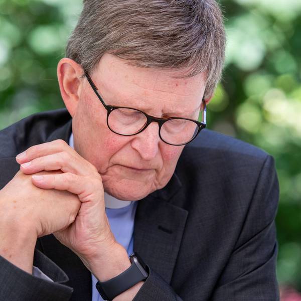 Der Kölner Erzbischof, Kardinal Rainer Woelki, sitzt mit gesenktem Blick und ineinander geschlagenen Händen im Garten des erzbischöflichen Hauses.