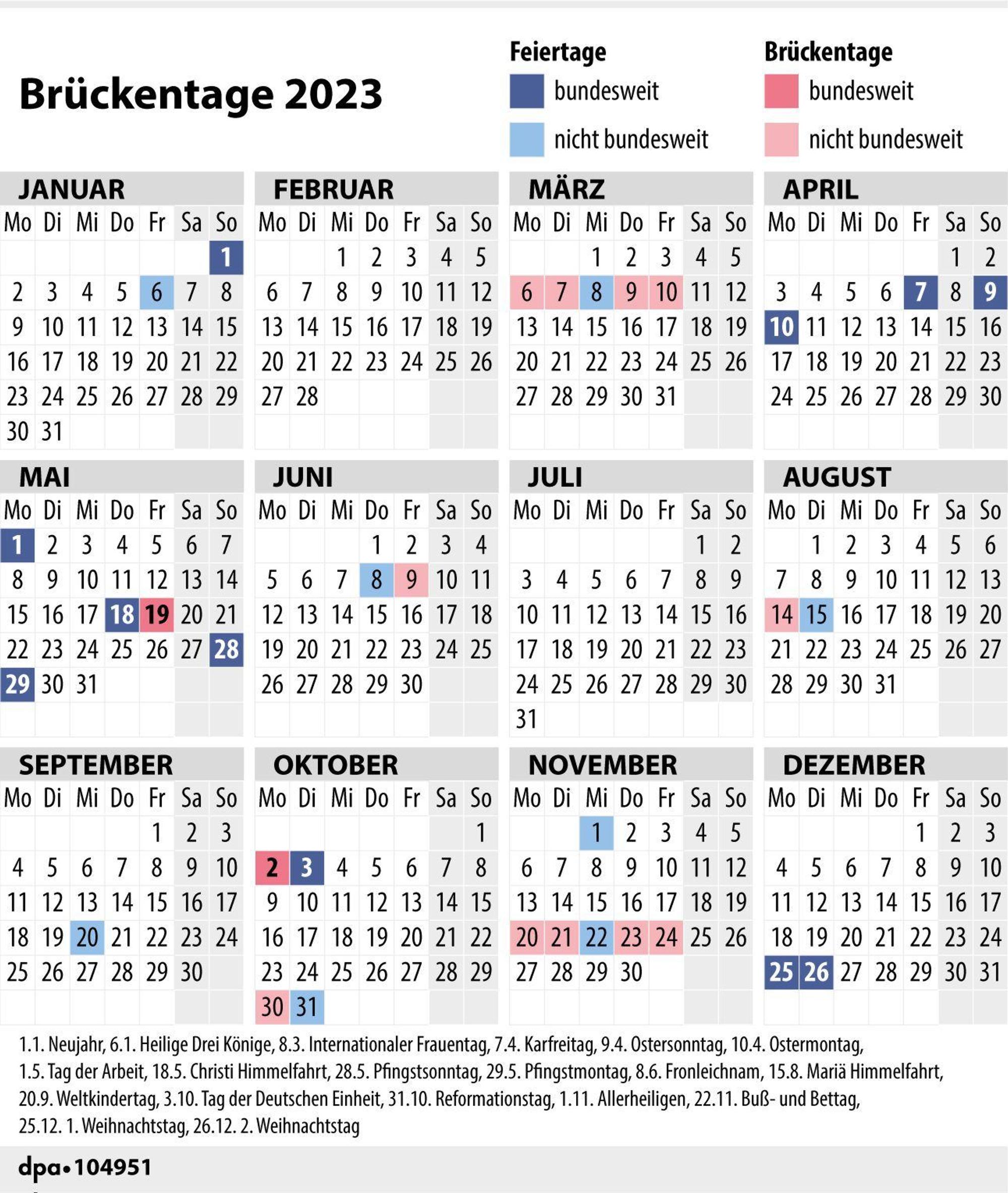 Ein Kalender zeigt alle Feiertage und Brückentage in Deutschland.