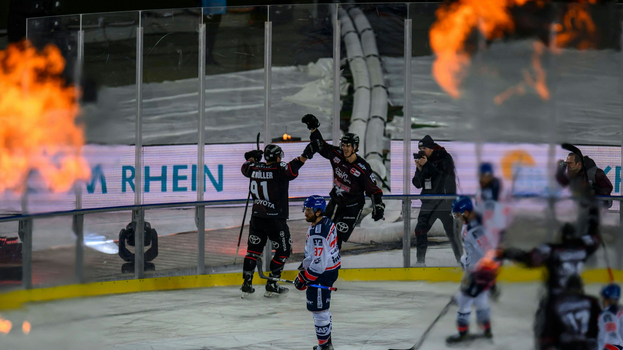 Die Spieler der Kölner Haie jubeln gemeinsam auf dem Eis.