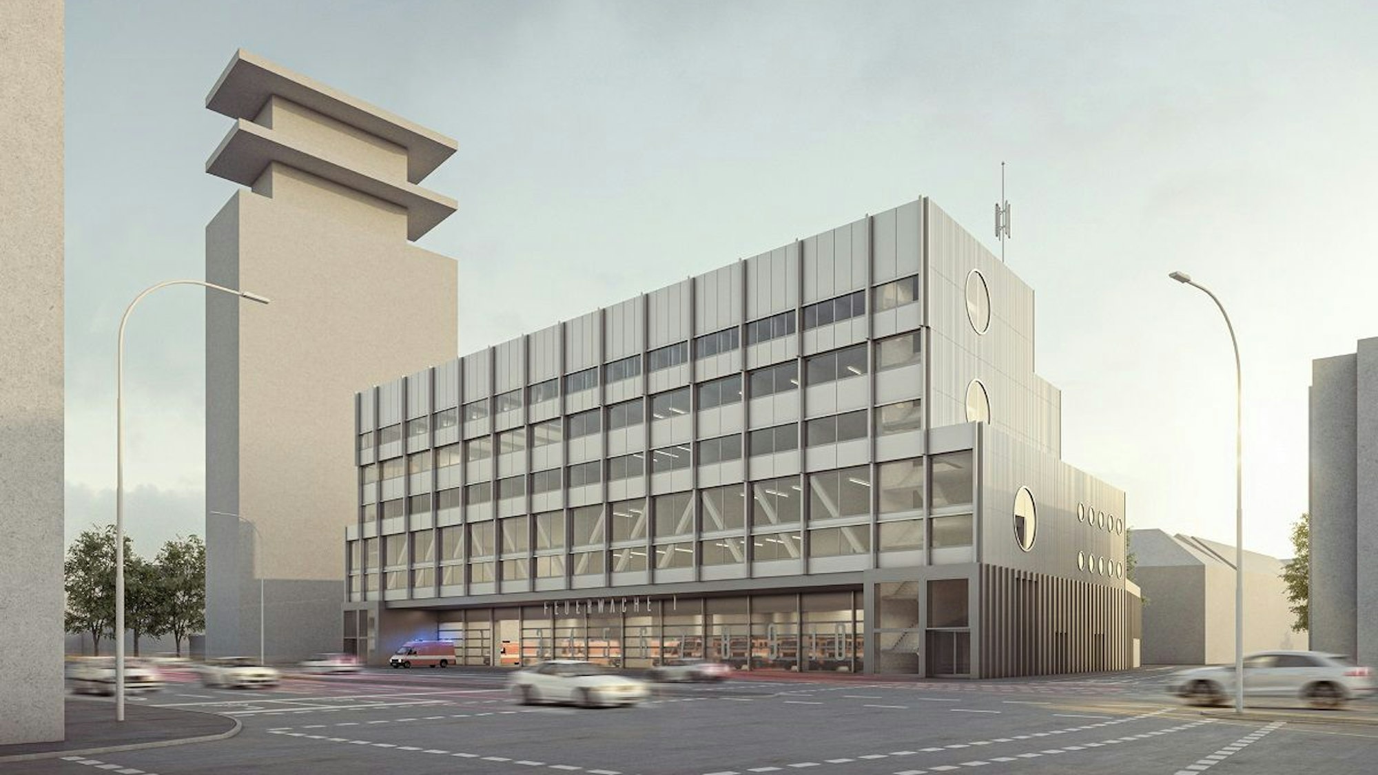 Die Visualisierung der neuen Feuerwache an der Agrippastraße.