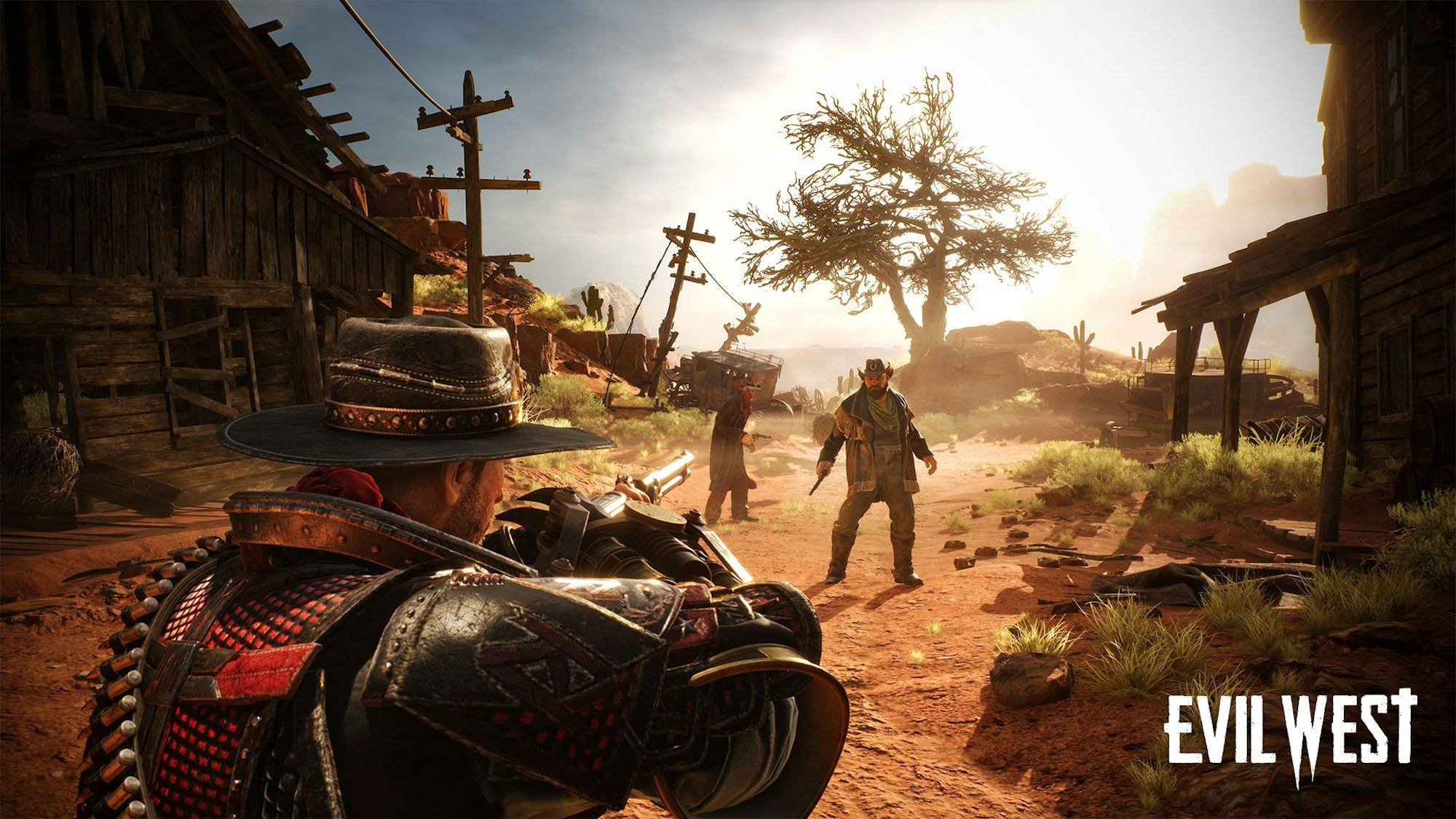 Der Charakter des Western-Games „Evil West“ zielt in einer Szene des Spiels mit einer Waffe auf andere Charaktere.