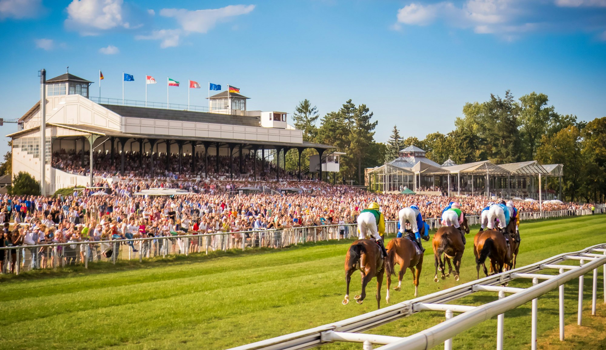 Die Pferderennbahn mit Publikum und vier Pferden im Bild.