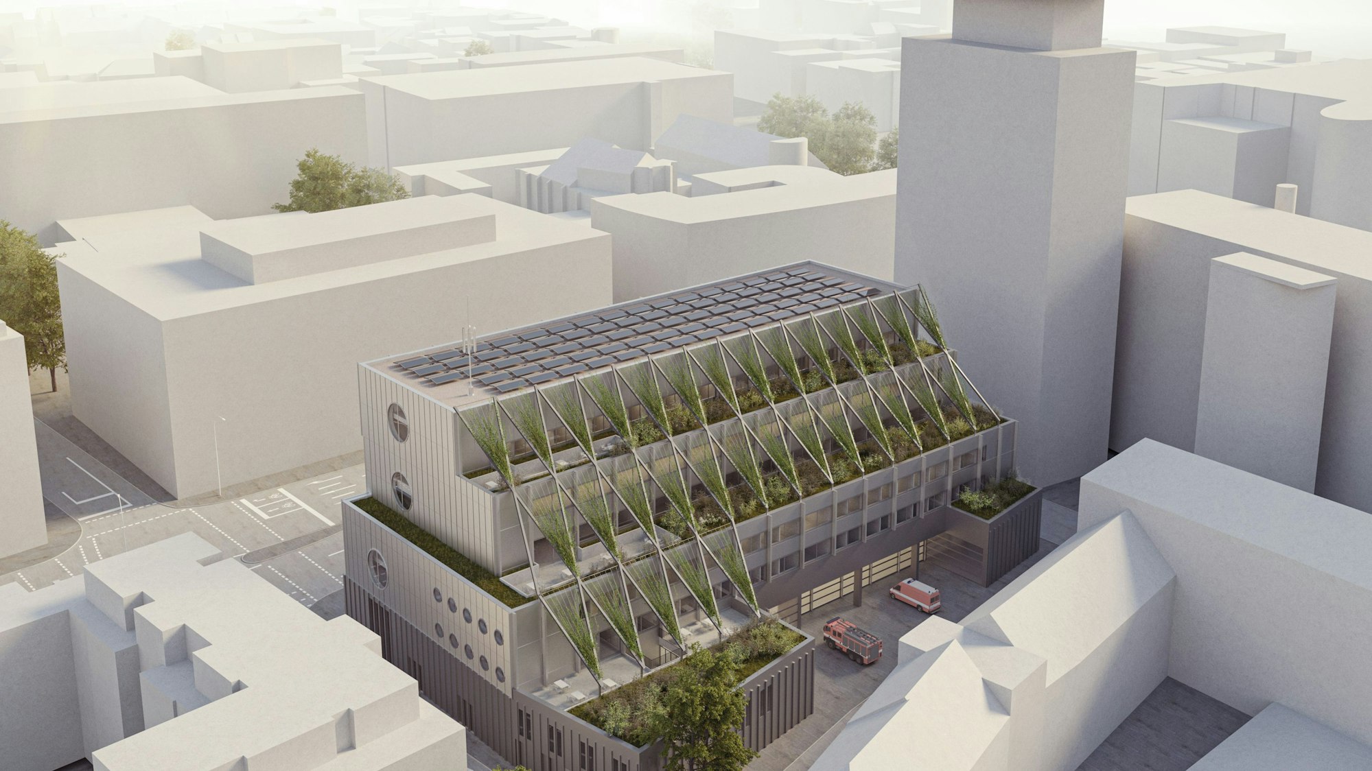 Ein Modell der geplanten Feuerwache 1 auf der Ecke Nord-Süd-Fahrt/Agrippastraße sieht ein begrüntes und treppenförmiges Dach vor.