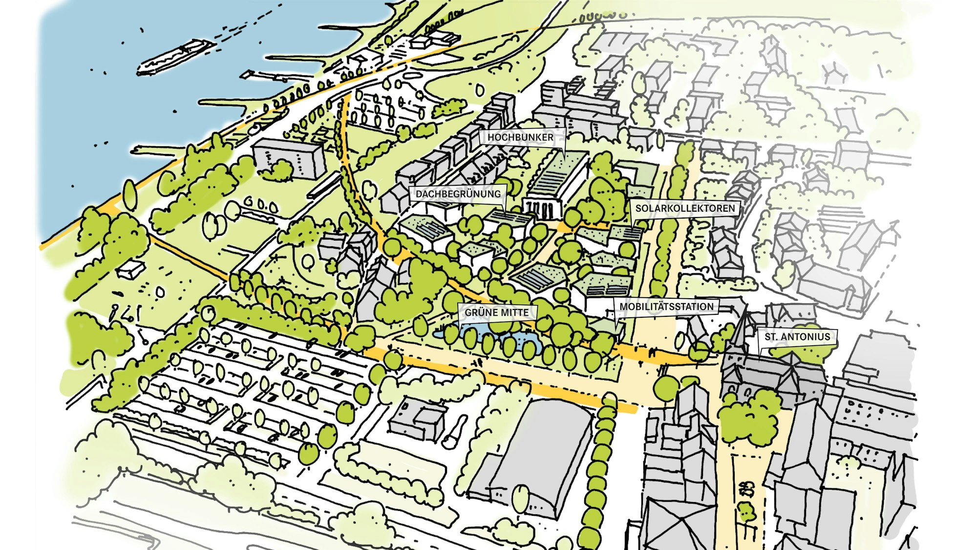 Eine Skizze vom westlichen Rand Wiesdorfs mit der Niederfeldstraße