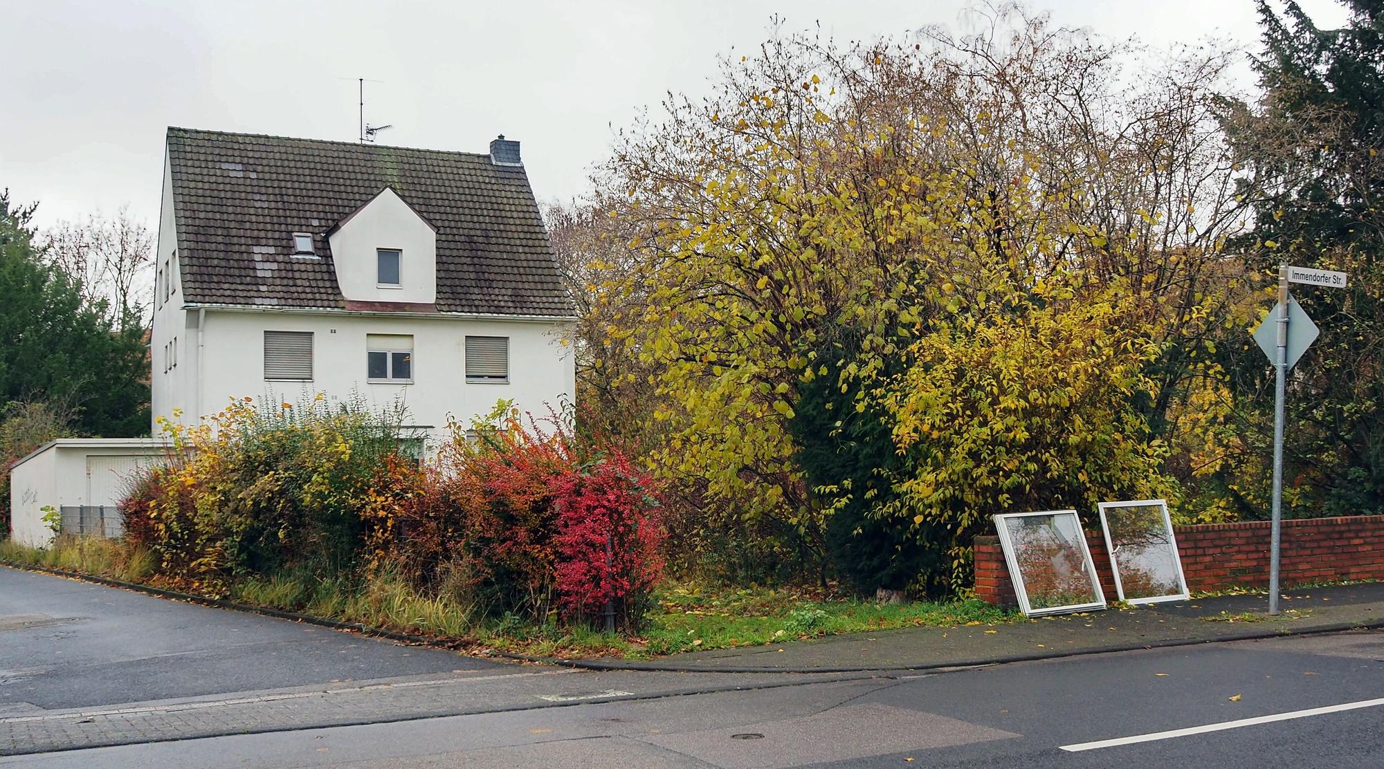 Ein weißes Haus mit geschlossenen Rollläden und einem dunklen Dach ist zu sehen. Davor ist ein verwilderter Garten mit Sträuchern und Bäumen. An der Mauer zur Straße lehnen zwei kaputte Fensterrahmen.