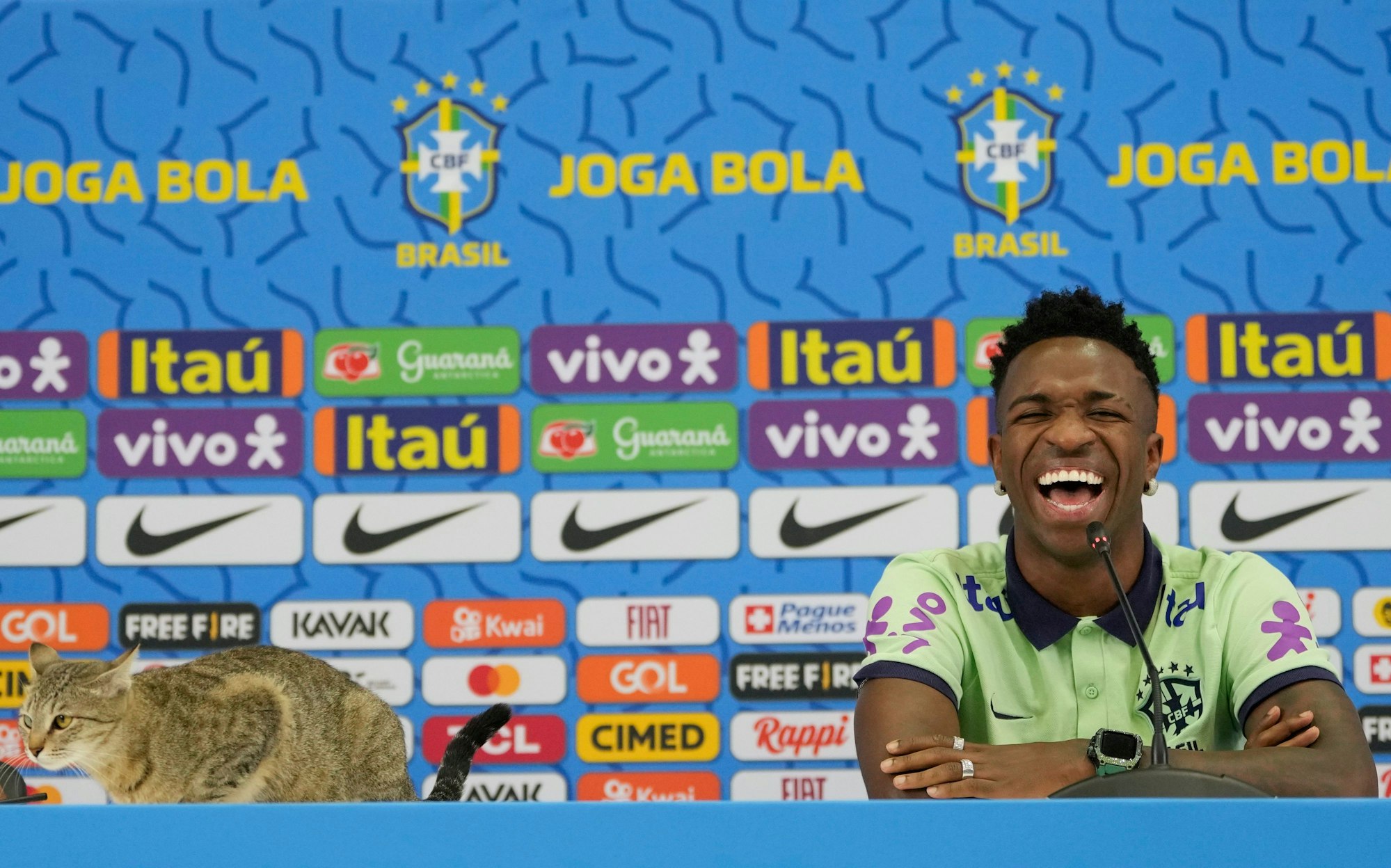 Der brasilianische Nationalspieler Vinicius Junior lächelt während einer Pressekonferenz eine Katze auf dem Tisch sitzt.