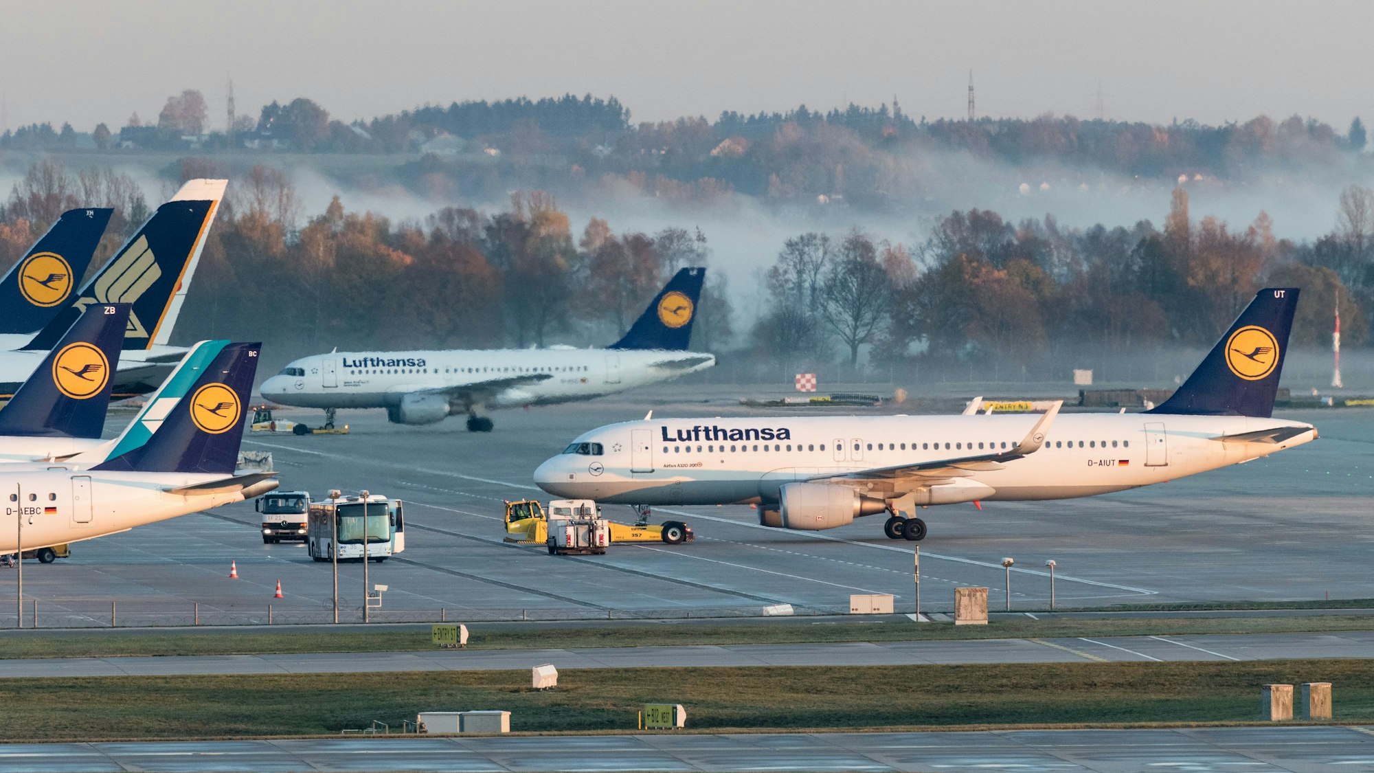 Maschinen der Lufthansa stehen auf einem Rollfeld vom Münchner Flughafen. (Symbolbild)